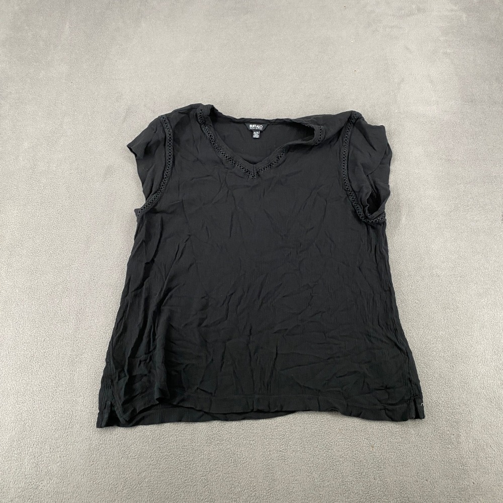Buffalo David Bitton Womens XL Black V-Neck Crochet Trim Viscose Top CA60224